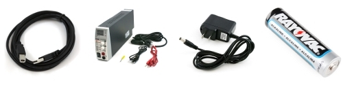Left to Right: AC/DC power adapter, bench supply, battery, USB cable
