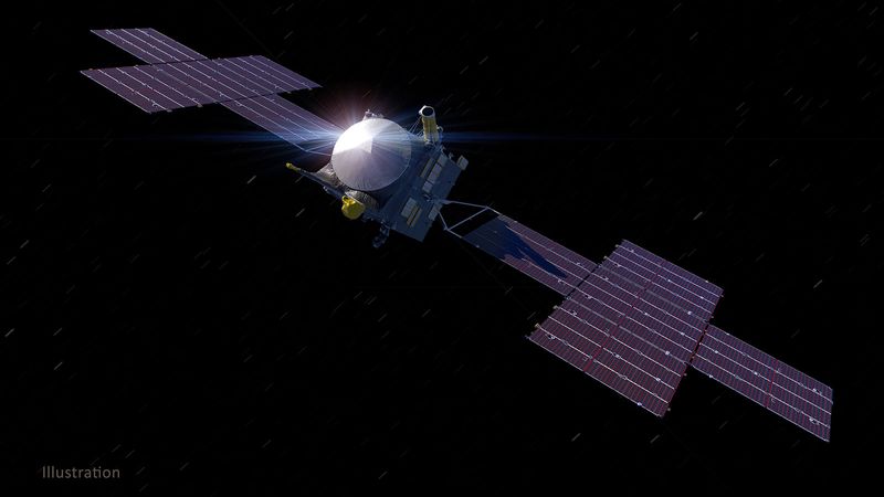 Artist impression of the spacecraft in space solar panels fully deploy and sulight glinting on its metal body